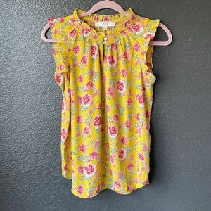 LOFT bright yellow floral ruffle trim blouse